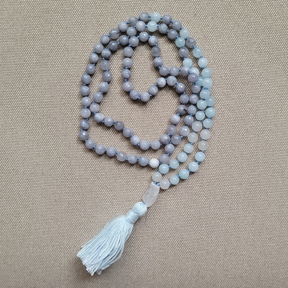 Aquamarine, Amazonite & Quartz Prayer Mala Beads, 24" - Picture 2 of 12